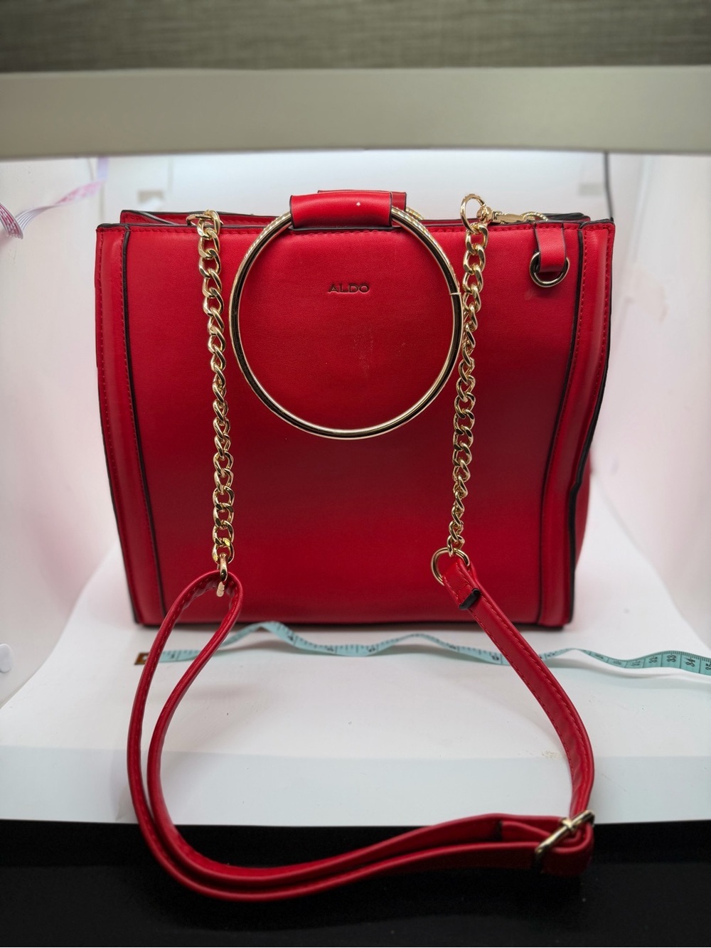 Aldo Red Ring-Handle Chain Shoulder Bag with Gold Hardware
